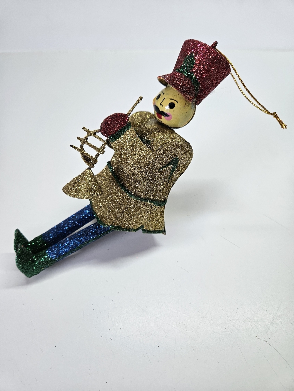 VINTAGE Articulated Glitter Metal Toy Soldier Trumpet Player Holiday 7" Ornament